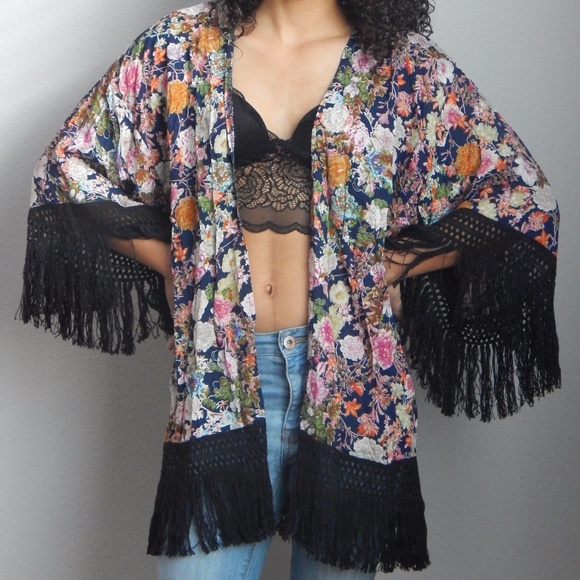 Jackets & Blazers - B2G1 Multi-color Floral Fringe Kimono